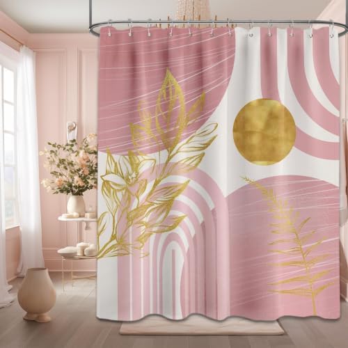 Light Pink and Gold Extra Long Shower Curtain, Tall 72X84 in