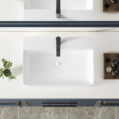 24" White Rectangular Ceramic Vessel Sink Bath Wall Mount/Above Counter | KINGWONG High-temp porcelain resists stains & thermal shock. Overflow hole. Easy Clean Glossy Finish for Master Bathroom