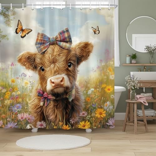 Cow Shower Curtain, Farmhouse Rustic Floral Funny Cute Highland Cow Shower Curtains, Western Cattle Bull Animal Wildflower Country Farm Animal Bathroom Decor, Surreal Bathroom Curtain, 47x64 inch