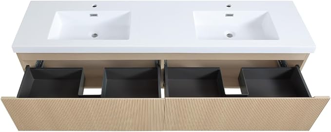 72 Inch Floating Bathroom Vanity with Double Sinks, Wall-Mounted Striped Storage Cabinet with Soft-Close Drawer, Glossy White Solid Surface Basin, Fully Assembled, Natural Oak Finish