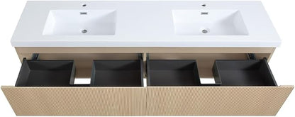 72 Inch Floating Bathroom Vanity with Double Sinks, Wall-Mounted Striped Storage Cabinet with Soft-Close Drawer, Glossy White Solid Surface Basin, Fully Assembled, Natural Oak Finish