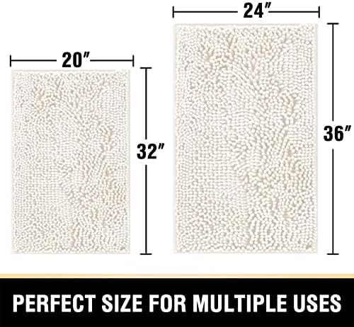 H.VERSAILTEX Bath Mats for Bathroom Non Slip Luxury Chenille Bathroom Rugs Extra Soft Absorbent Shaggy Mat Rugs Washable Fast Dry 2 Piece (Ivory, 24" x 36"/20" x 32")