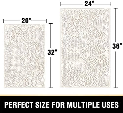 H.VERSAILTEX Bath Mats for Bathroom Non Slip Luxury Chenille Bathroom Rugs Extra Soft Absorbent Shaggy Mat Rugs Washable Fast Dry 2 Piece (Ivory, 24" x 36"/20" x 32")