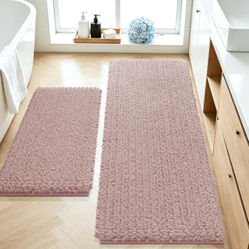 ACCUMTEK Upgrade Luxury 2 Piece Dusty Pink Toilet Bathroom Rug Mat 48"x20"+24"x17", Ultra Soft Thick Absorbent Bath Mats, Non Slip Chenille Toilet Mat for Bathroom, Bedroom, Kitchen, Shower, Tub