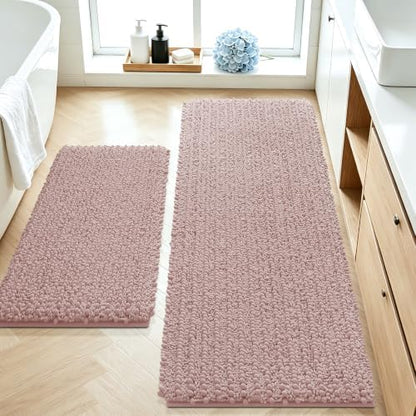 ACCUMTEK Upgrade Luxury 2 Piece Dusty Pink Toilet Bathroom Rug Mat 48"x20"+24"x17", Ultra Soft Thick Absorbent Bath Mats, Non Slip Chenille Toilet Mat for Bathroom, Bedroom, Kitchen, Shower, Tub