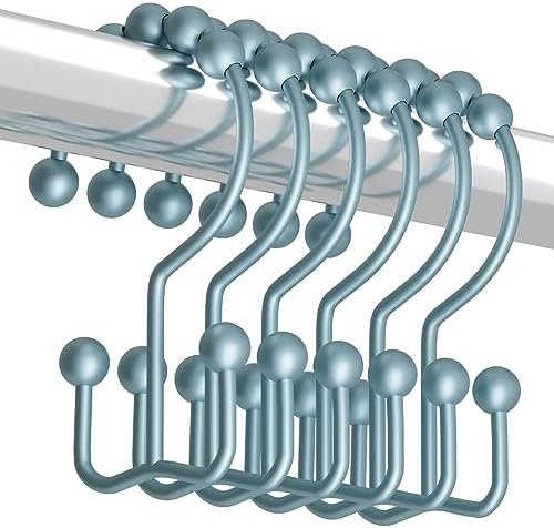 Titanker Shower Curtain Hooks Rings, Rust-Resistant Metal Double Glide Shower Hooks for Bathroom Shower Rods Curtains, Set of 12 Hooks - Lightcyan