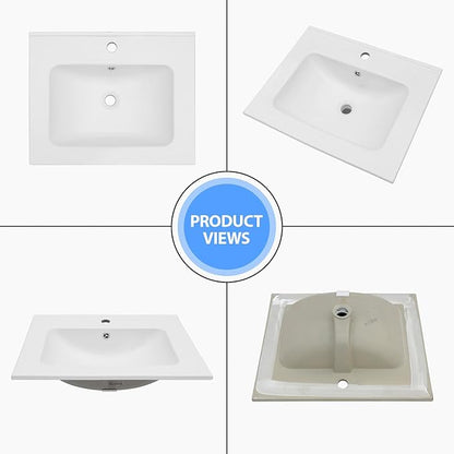Lordear White Bathroom Sink 24 X18 Inch Vanity Sink Tops One Hole Drop In Porcelain Ceramic Bathroom Vanity Top Sink Basin 24" Inch Sinks for Bathroom