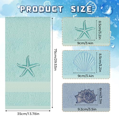 3 Pcs Coastal Hand Towels Ocean Decorative Bathroom Towels Decors Beach Hand Towel Embroidered Towel Decorative Set 100% Cotton Soft Absorbent Towels for Bathroom Decors