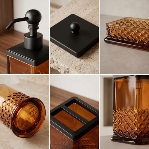 JKE Heavy Glass 5Pcs Amber Bathroom Set Accessories Vintage
