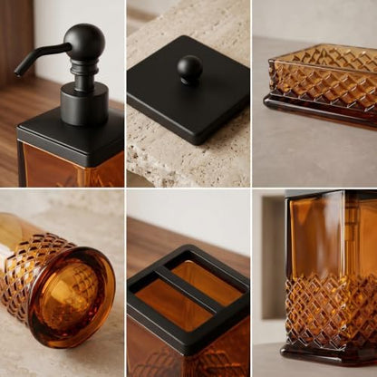 JKE Heavy Glass 5Pcs Amber Bathroom Set Accessories Vintage