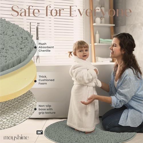 Large Round Area Rug Set for Bathroom 36"x36" Soft Plush Chenille Bath Mat, Water Absorbent Non-Slip Bathroom Rug | Washable Shag Carpet for Shower, Bedroom, or Home Décor | Sage Green