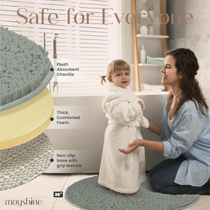 Large Round Area Rug Set for Bathroom 36"x36" Soft Plush Chenille Bath Mat, Water Absorbent Non-Slip Bathroom Rug | Washable Shag Carpet for Shower, Bedroom, or Home Décor | Sage Green