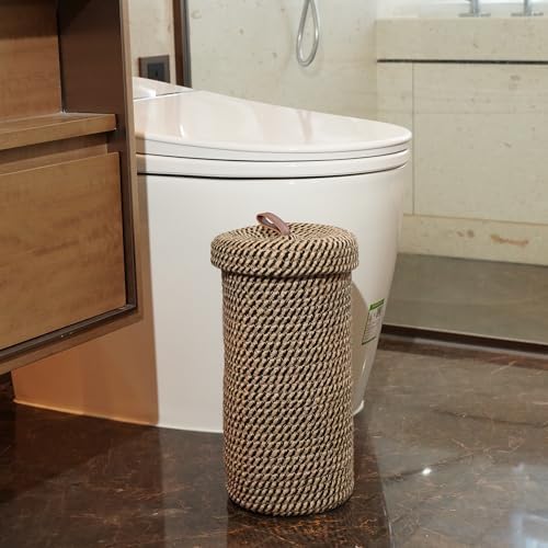 Handmade Cotton & Jute Toilet Paper Holder – Woven Toilet Paper Stand & Storage Basket with Lid, Freestanding Organizer for Bathroom, Fits 3 Mega Rolls 14" x 7''