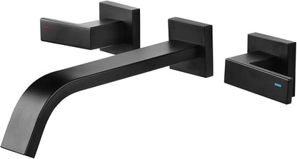 Brass Wall Mount Bathroom Faucet,Matte Black Wall Mounted Vessel Sink Faucet with Dual Lever Handles,Widespread 3 Holes Wall Faucet for Vanity Lavatory Sink,Rough in Valve