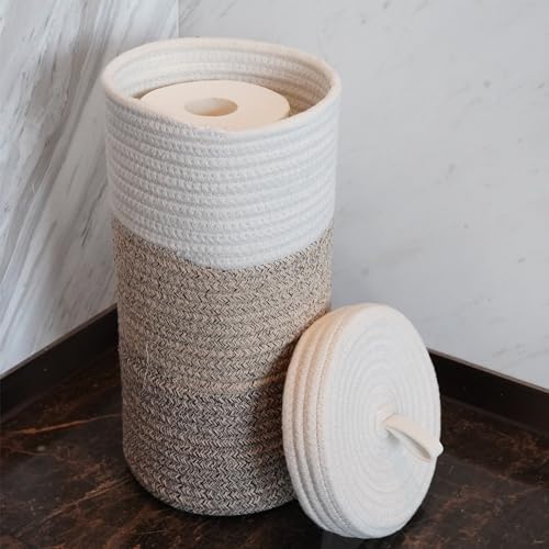 Toilet Paper Holder Handmade – Woven Cotton Toilet Paper Stand & Storage Basket with Lid, Freestanding Organizer for Bathroom, Fits 3 Mega Rolls Gradient Brown 14'' x 7''
