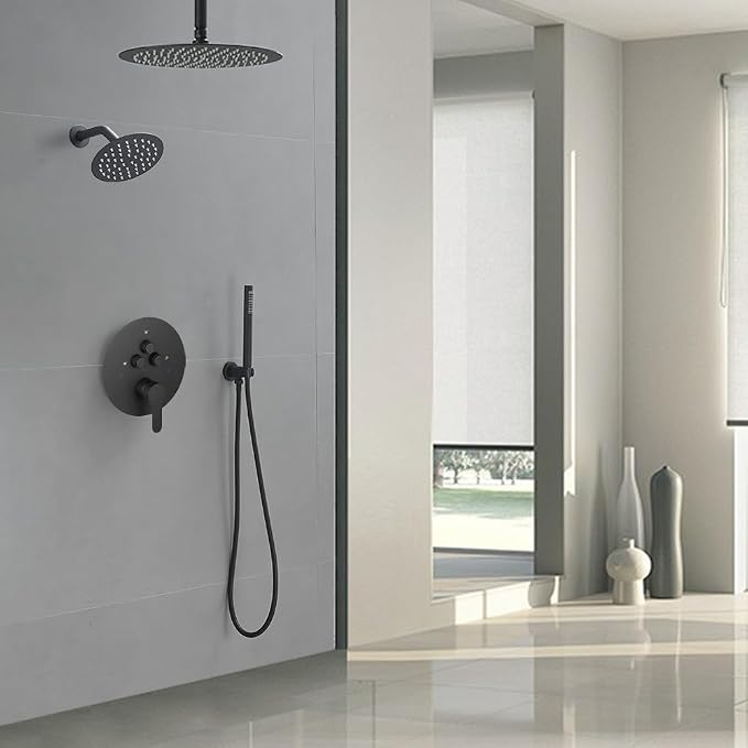Shower Faucet Set Matte Black 12 Inch Round Ceiling Mount Rainfall Shower System with 2 Rain Shower Head and Handheld Head Push Button Diverter Shower Trim Kit and Rough-in Valve Body