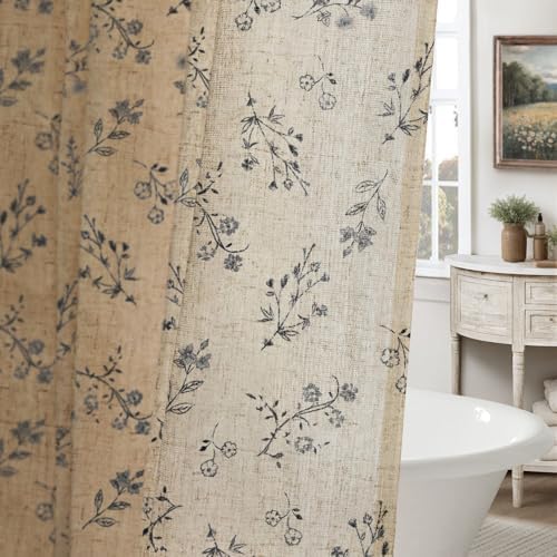 Black Floral Farmhouse Vintage Linen Shower Curtain French Country 72Wx78H