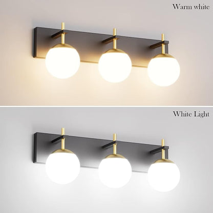 Ralbay Mid Century Modern 3-Light Milky Glass Globe Vanity Lights - Black and Gold Bathroom Wall Lighting