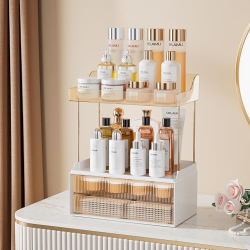 Delamu 4-Tier Makeup Organizer, Bathroom Counter Storage, 2 Drawers, Amber