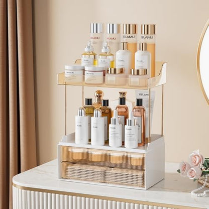 Delamu 4-Tier Makeup Organizer, Bathroom Counter Storage, 2 Drawers, Amber