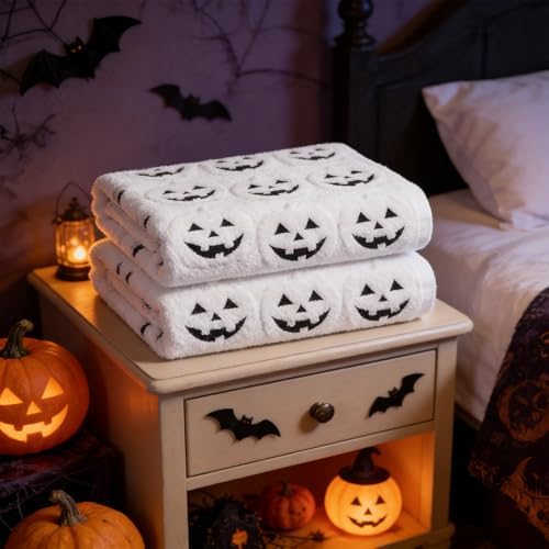 2 Pack Halloween Hand Towels 100% Cotton Jacquard ack-O'-Lantern Halloween Kitchen Towels White Bathroom Towels Set Seasonal Bathroom Decor (White ack-O'-Lantern, Halloween)