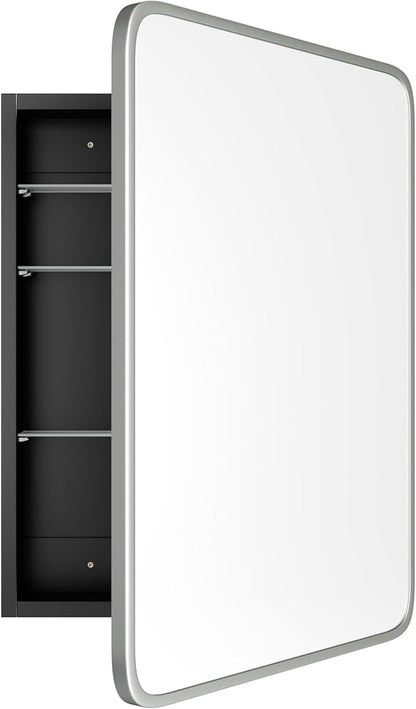 Bathroom Wood Black Cabinet with 20''x30'' Brushed Nickel Metal Frame Curved Mirror, Recessed Medicine Cabinet, Bathroom Storage Cabinet