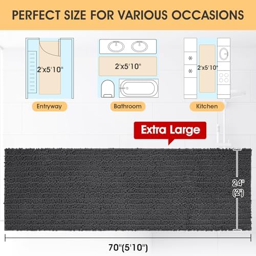 ACCUMTEK Extra Long Upgrade Luxury Grey Bathroom Rug Mat Gray 70"x24", Ultra Soft Thick Absorbent Bath Mats, Non Slip Chenille Toilet Mat for Bathroom, Bedroom, Kitchen, Shower, Tub, Charcoal