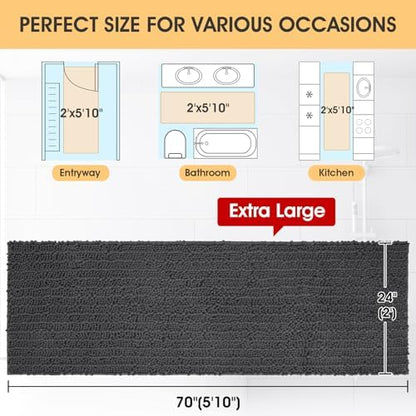 ACCUMTEK Extra Long Upgrade Luxury Grey Bathroom Rug Mat Gray 70"x24", Ultra Soft Thick Absorbent Bath Mats, Non Slip Chenille Toilet Mat for Bathroom, Bedroom, Kitchen, Shower, Tub, Charcoal