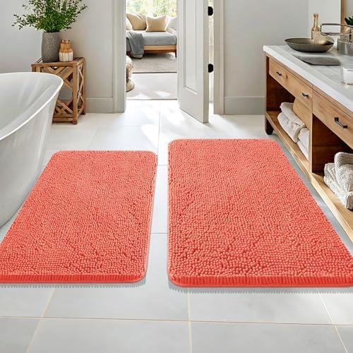 OLANLY Chenille Bathroom Rugs Mats Sets 2 Piece, 36"x24"+30"x20", Coral