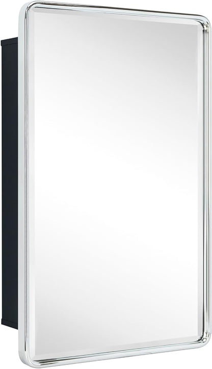 TEHOME Surface Mount 16x24 Polished Nickel Bathroom Medicine Cabinet with Mirror Metal Framed Rounded Rectangle Medicine Cabinet with Beveled Mirror
