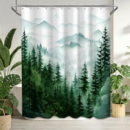 Dark Green and White Extra Long Shower Curtain, Tall 72X96 in, Forest