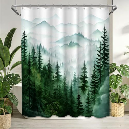 Dark Green and White Extra Long Shower Curtain, Tall 72X96 in, Forest