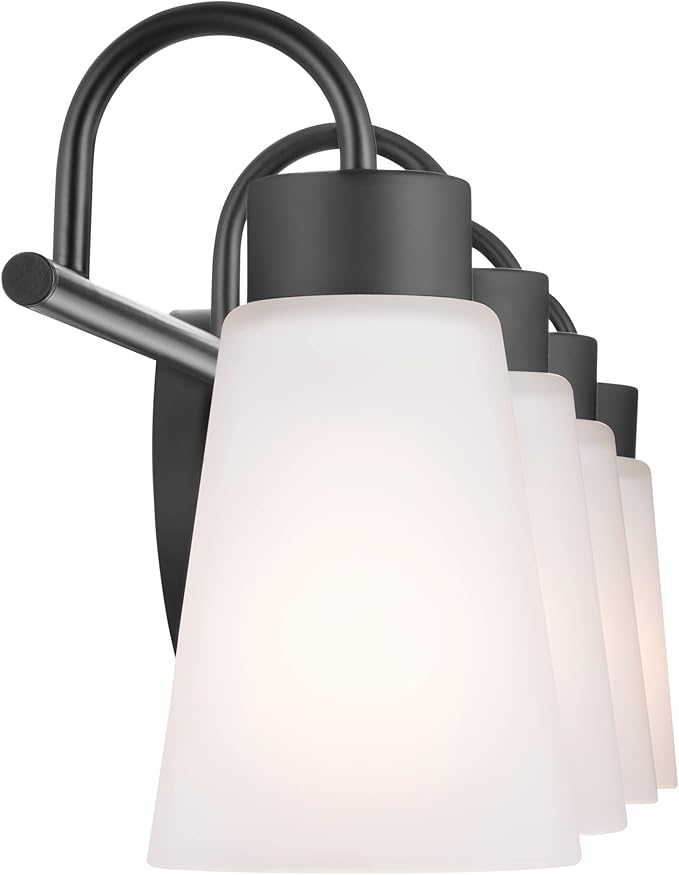 Kichler Erma 4-Light Bathroom Vanity Light Fixture with Clear Satin Etched Glass, Updated Traditional Wall Light in Black, (32.5" x 8.5")
