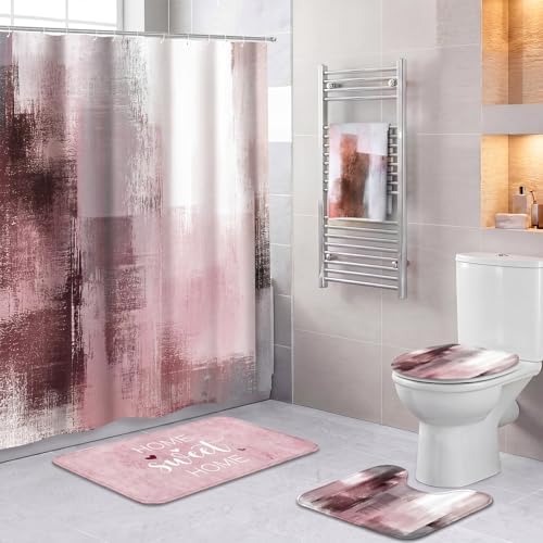 Honoson 8 Pcs Pink and Grey Bathroom Decor Set with Shower Rug and Curtain