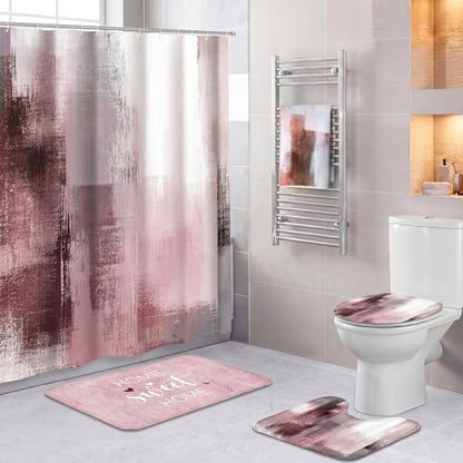 Honoson 8 Pcs Pink and Grey Bathroom Decor Set with Shower Rug and Curtain