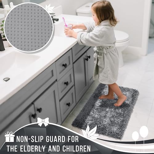 Yimobra Chenille Bathroom Rugs Non Slip, Extra Thick Soft Absorbent Bath Rug 31.5x20 Inch, Machine Washable Quick Dry Bath Mat for Bathroom Floor, Tub and Shower, Home Decor Accessories, Silver