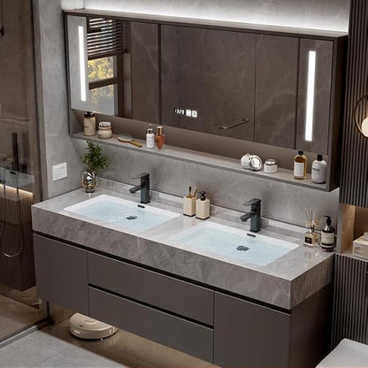 76" Modern Bathroom Vanity Double Sink with Seamless Quartz Countertop, Ceramic Undermount Basins & Storage Mirror, LED Anti-Fog, Time Temperature Display, for Bathroom Storage Organization