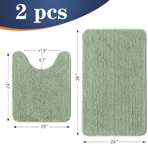 OLANLY Chenille Bathroom Rugs Mats Set 2 Piece, 36"x24"+24"x20", Sage Green