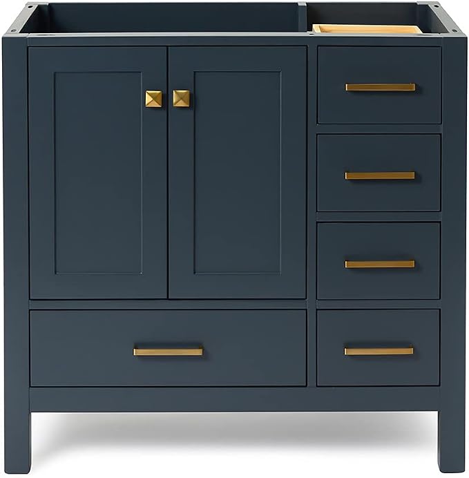 ARIEL Cambridge 36-inch Bathroom Vanity Base Cabinet,Solid Wood, 2 Soft Closing Doors, 5 Dovetail Drawers, Midnight Blue