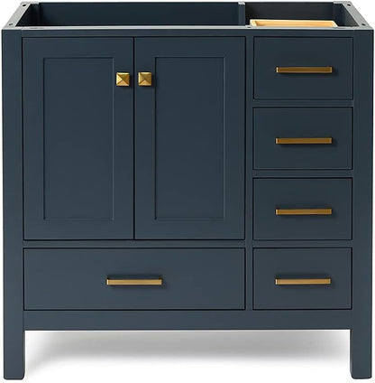 ARIEL Cambridge 36-inch Bathroom Vanity Base Cabinet,Solid Wood, 2 Soft Closing Doors, 5 Dovetail Drawers, Midnight Blue