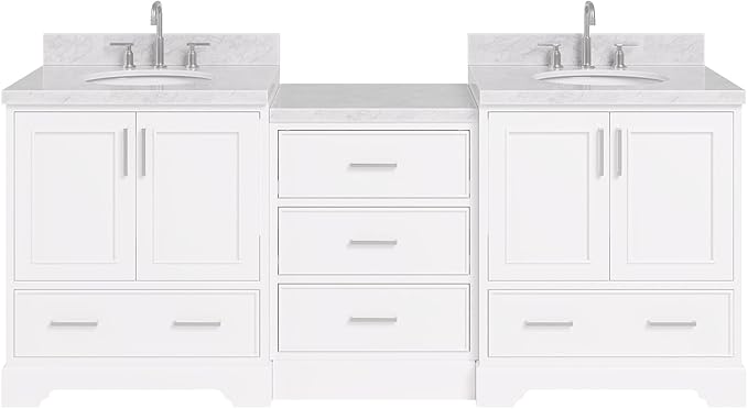 ARIEL Stafford 84-inch Bathroom Vanity with Sink,Solid Wood, 1.5in Italian Carrara Marble Countertop & Backsplash, Double Oval Porcelain Sink, 4 Soft Closing Doors, 5 Dovetail Drawers, White