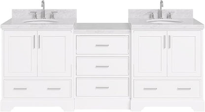 ARIEL Stafford 84-inch Bathroom Vanity with Sink,Solid Wood, 1.5in Italian Carrara Marble Countertop & Backsplash, Double Oval Porcelain Sink, 4 Soft Closing Doors, 5 Dovetail Drawers, White