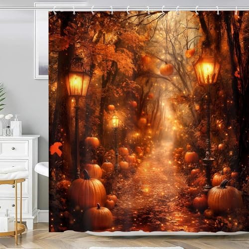 Fall Shower Curtain, Autumn Pumpkin Forest Path Bathroom Curtain, Maple Leaves Harvest Thanksgiving Farmhouse Waterproof Polyester Fabric with Hooks 72x72 Inch