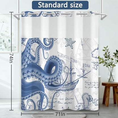 No Hook Shower Curtain with Snap-in Liner 71x74 Inch
