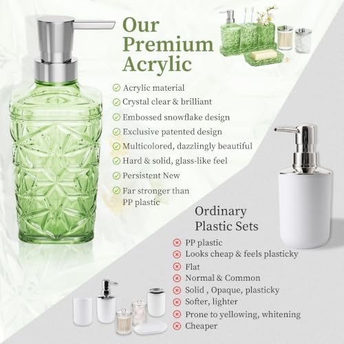 Green Bathroom Accessories Set 7 Pcs, Green Bathroom Sets, Acrylic Soap Dispenser and Toothbrush Holder Set, Qtip Holder Set, Bathroom Sink Set, Gift for Home Apartment