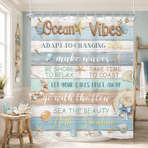 Ocean Seashell Fish Coral Vibes Blue Brown Wood Bathroom Shower Curtain Set