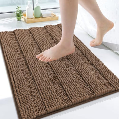 Grandaily Chenille Striped Bathroom Rugs 24x16, Extra Thick and Soft Absorbent Bath Mats, Rubber Backing, Plush Shaggy Shower Carpet, Machine Wash Dry, Bath Rug for Bathroom, Mocha