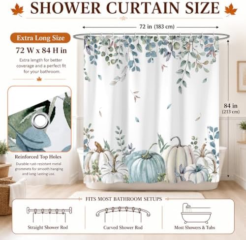 Blue Pumpkin Shower Curtain, 72 x 84 Inch Watercolor White Pumpkin Eucalyptus Bathroom Curtain, Fall Farmhouse Bath Curtain for Tub Shower Decor, Multiple Sizes