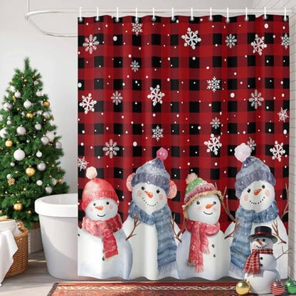 Christmas Snowman Shower Curtain Bathroom Set Red Black Buffalo Plaid Waterproof Shower Curtains with Grommets Hooks Xmas Snowflakes Privacy Bath Curtain for Bathtub Decor 48x72in
