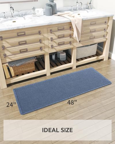 tchdio Waffle Bath Mat-Runner Rug, Super Absorbent Non Slip Bath Mats for Bathroom Machine Washable Long Rugs with Tassels, Bath Rugs for Bathroom Floor Beside Tub, 2' x 4'(24" x 48"), Blue